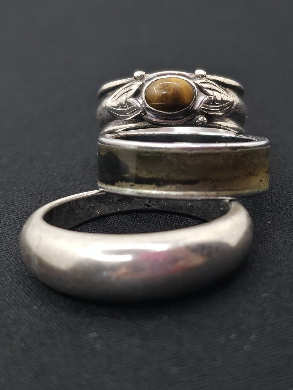Vintage Silver Tone Ring Stack Lot Set Tiger’s Eye Mood Ring Dome Band Mixed Siz